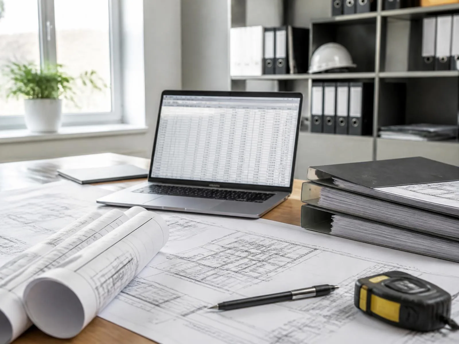 Bouwplannen, dossiers en laptop met meetgegevens op een studiebureau