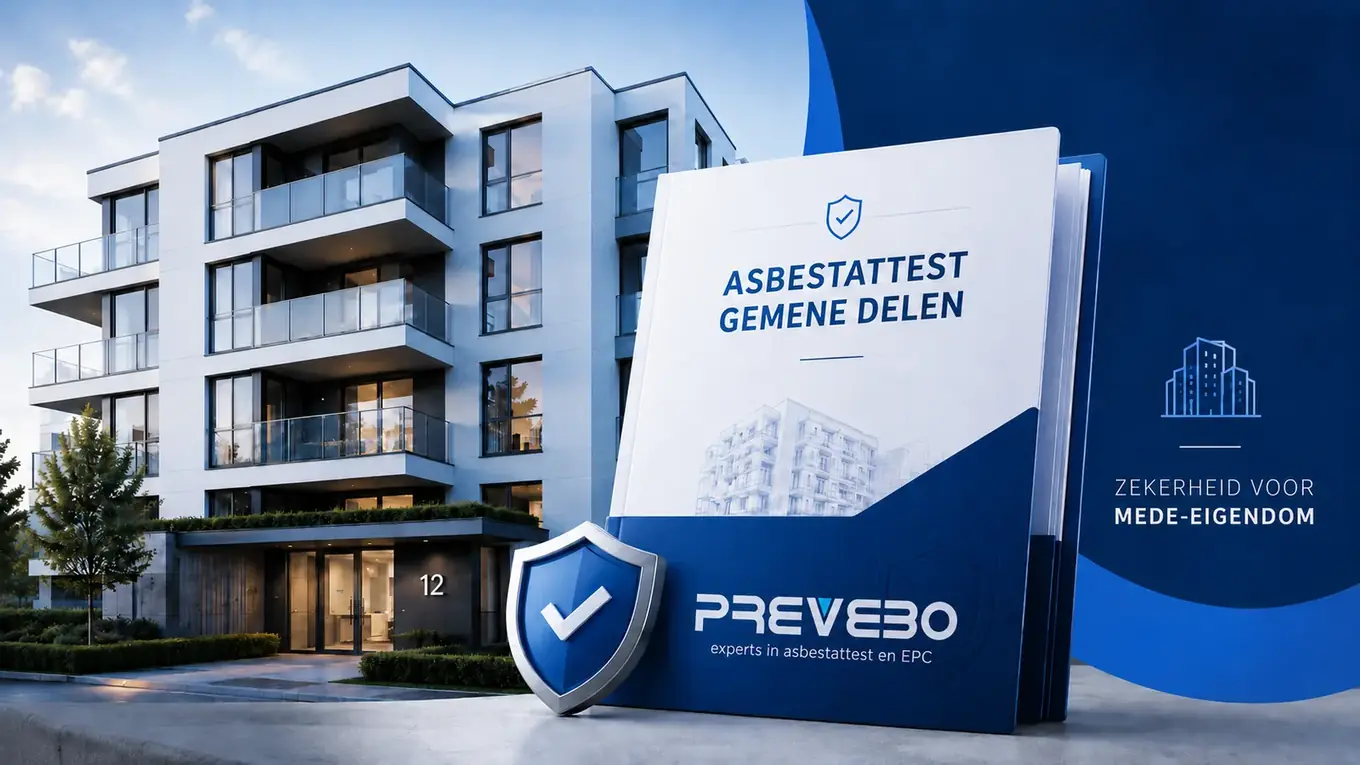 Illustratie van een appartementsgebouw naast een brochure met de titel Asbestattest gemene delen en het Prevebo-logo.
