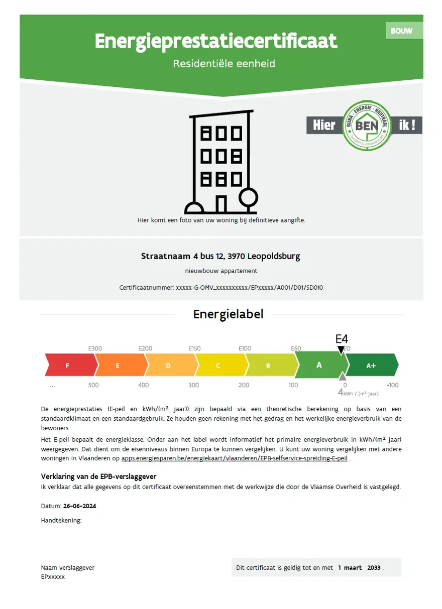 Voorbeeld van een EPC Bouw als onderdeel van de EPB-aangifte