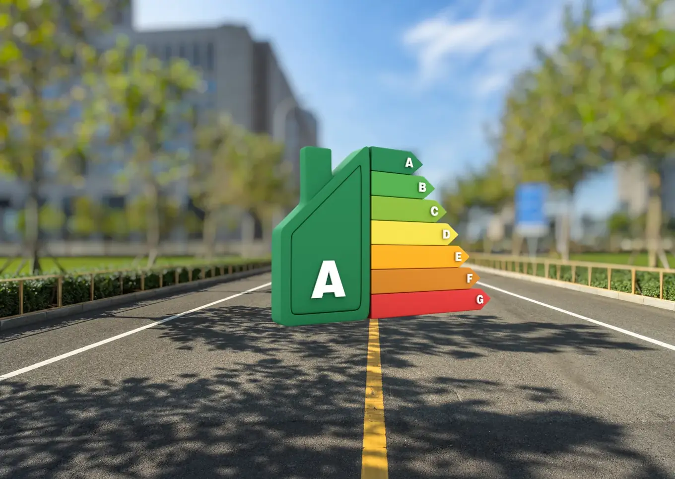 3D-illustratie van een groen huisje met een energielabelschaal van A tot G, op een zonnige stadsstraat met bomen