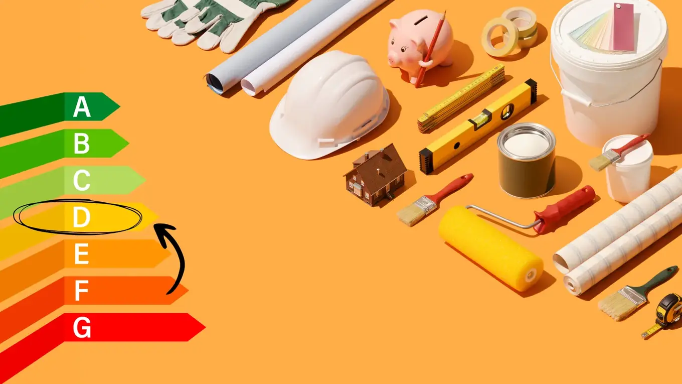 Energielabels A tot G naast materialen voor energetische renovatie van een woning