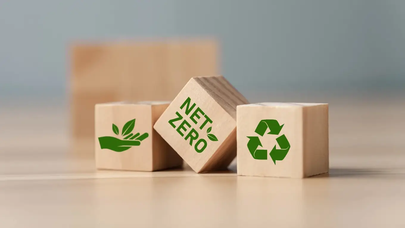Drie houten blokjes op een tafel met groene symbolen: een hand met blaadjes, de tekst NET ZERO en een recyclagesymbool.