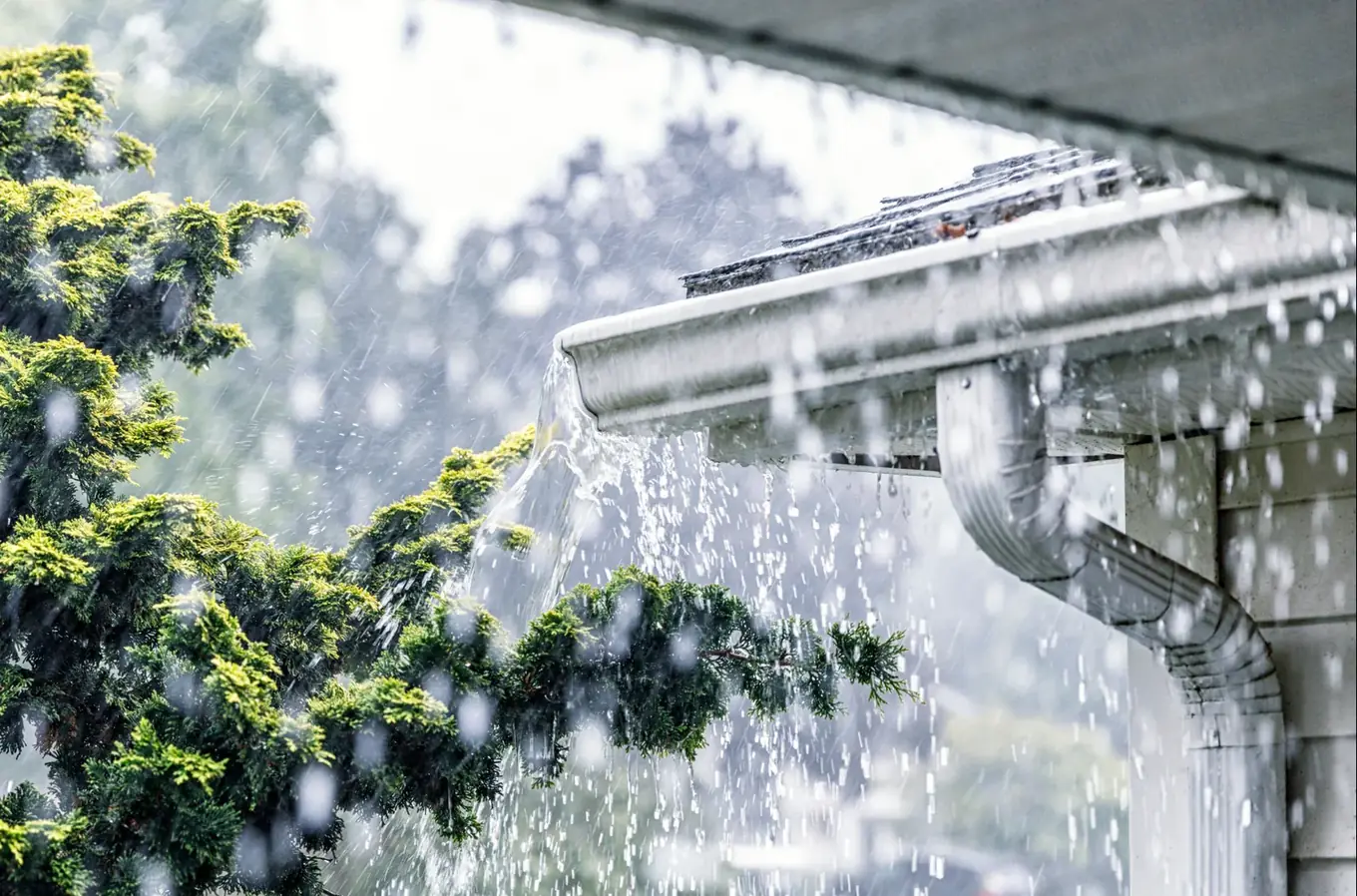 Regenwater stroomt tijdens een felle bui over de rand van een dakgoot naast een regenpijp van een woning.