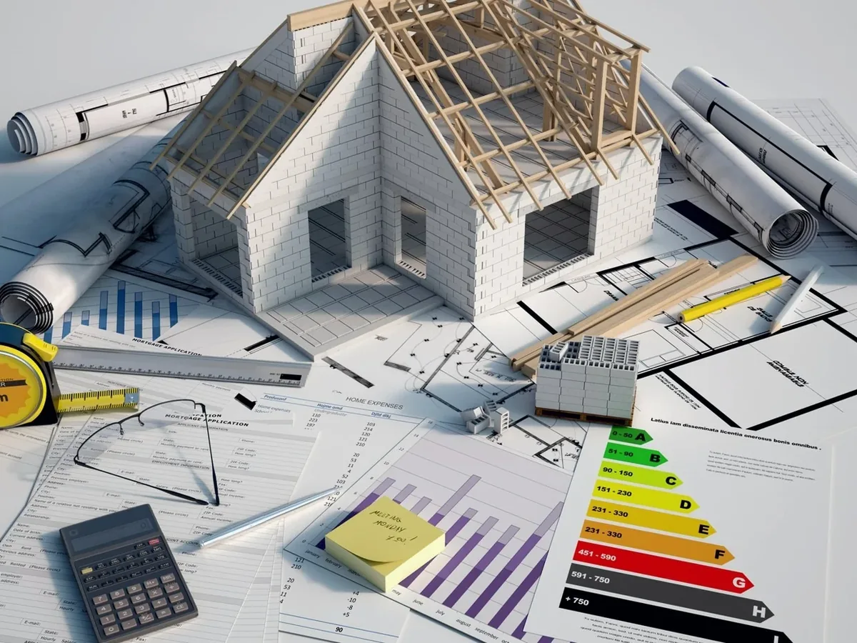 Bouwplannen, maquette van een woning en berekeningen op een bureau voor een EPB-dossier
