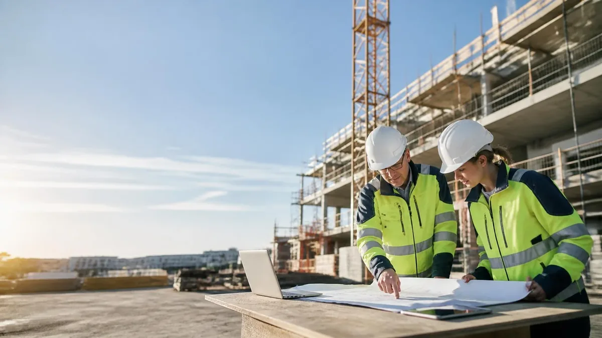 Twee bouwprofessionals bespreken bouwplannen op een werf