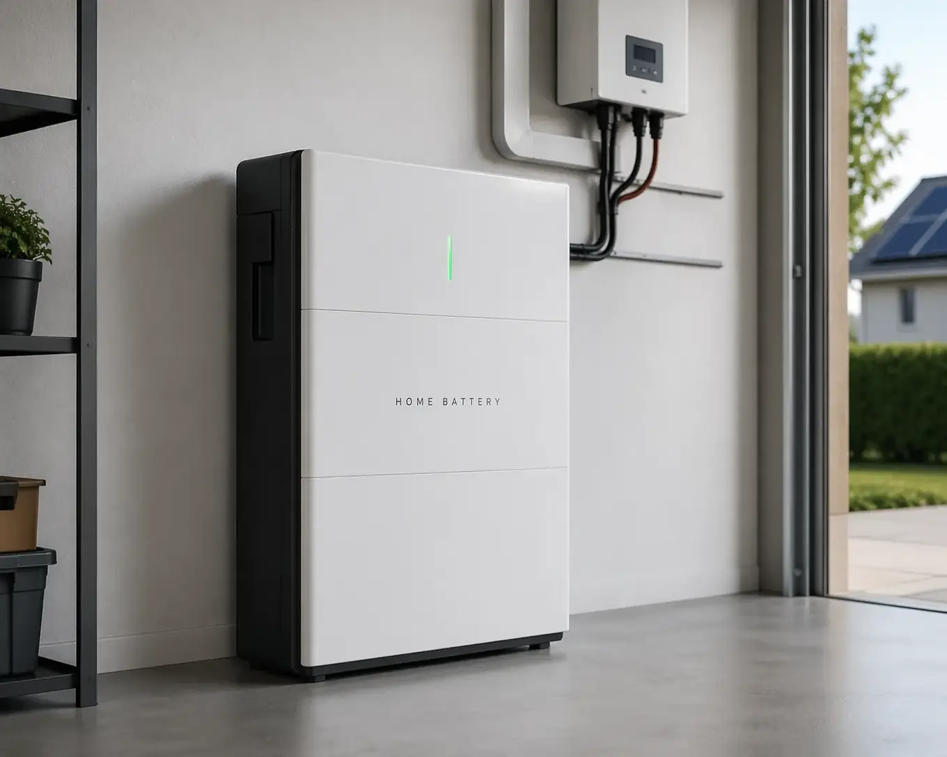 Witte thuisbatterij tegen de muur van een garage, naast een wandtoestel met kabels en met zicht op een woning met zonnepanelen door de open garagepoort.