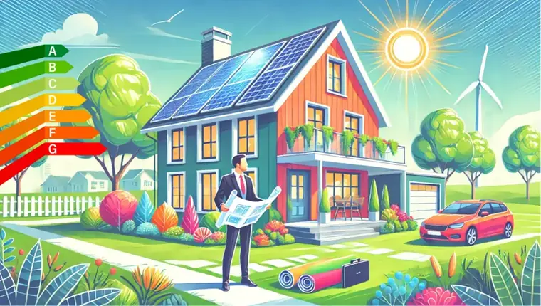 Illustratie van een energiezuinige woning met EPC-labels